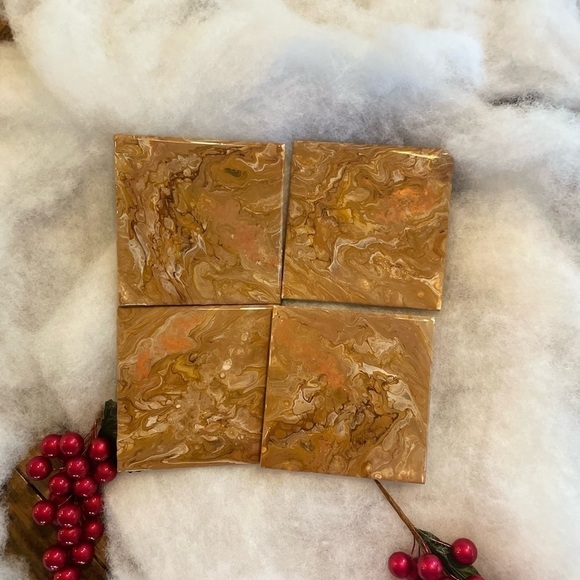 Set of 4 coasters Gold tones Hand painted Acrylic sealed w/resin Cork backing - Picture 1 of 6